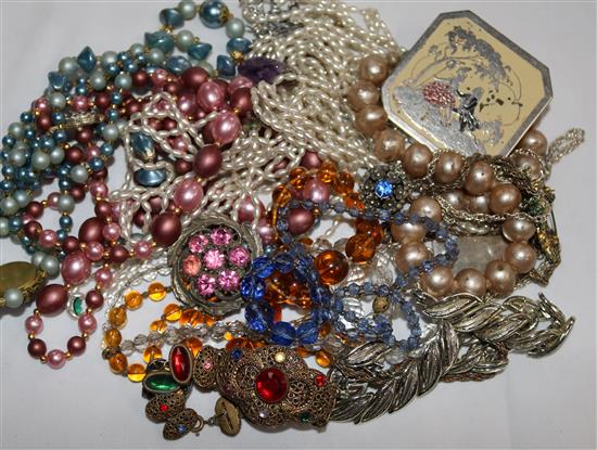 Assorted costume jewellery including a silver wrist watch.